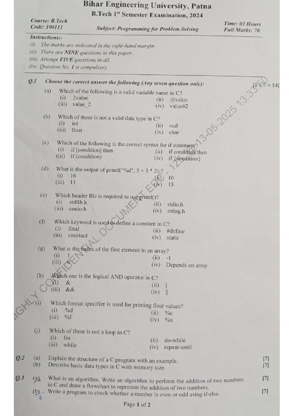 B. Tech 1st Sem Exam 2024: Programming for Problem Solving PYQ - Studocu