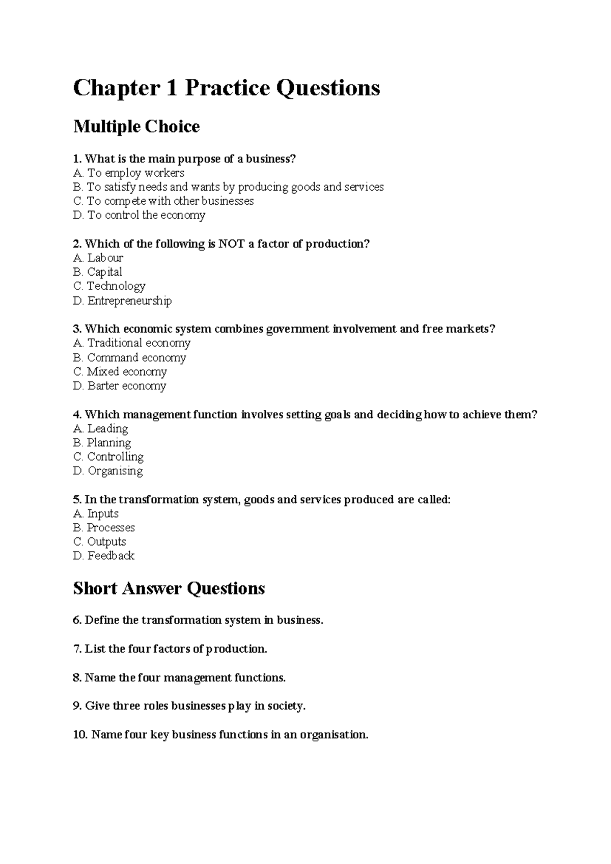 Chapter 1 Practice Questions for MAN 101: Business Fundamentals - Studocu