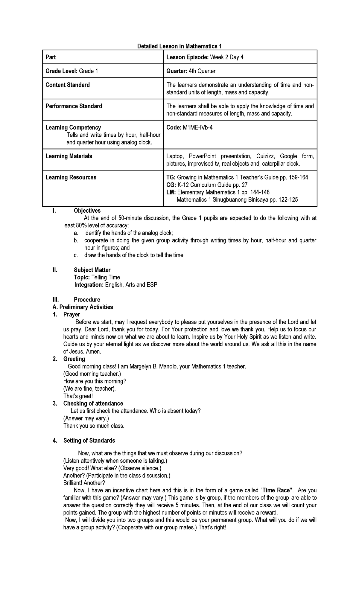 Grade 1 Math DLP: Telling Time Lesson Plan for 4th Quarter - Studocu