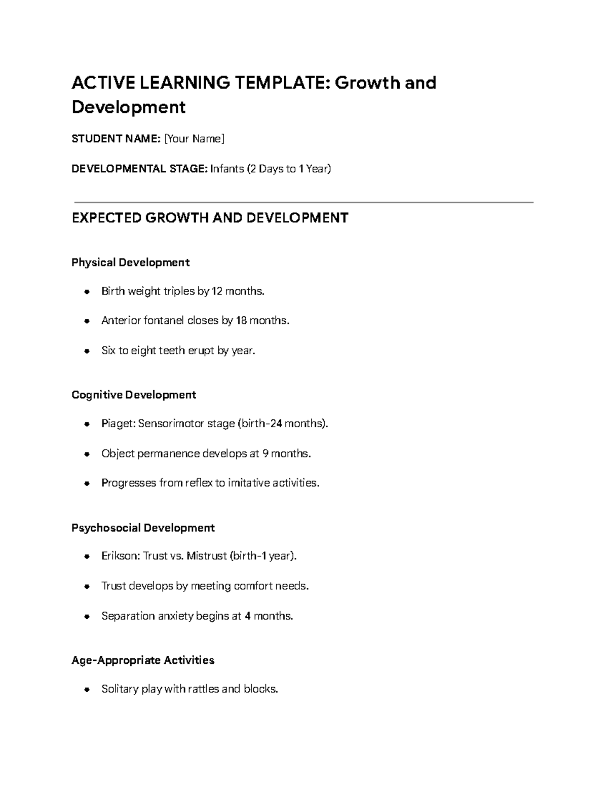 ACTIVE LEARNING TEMPLATE: Infant Growth & Development Summary - Studocu