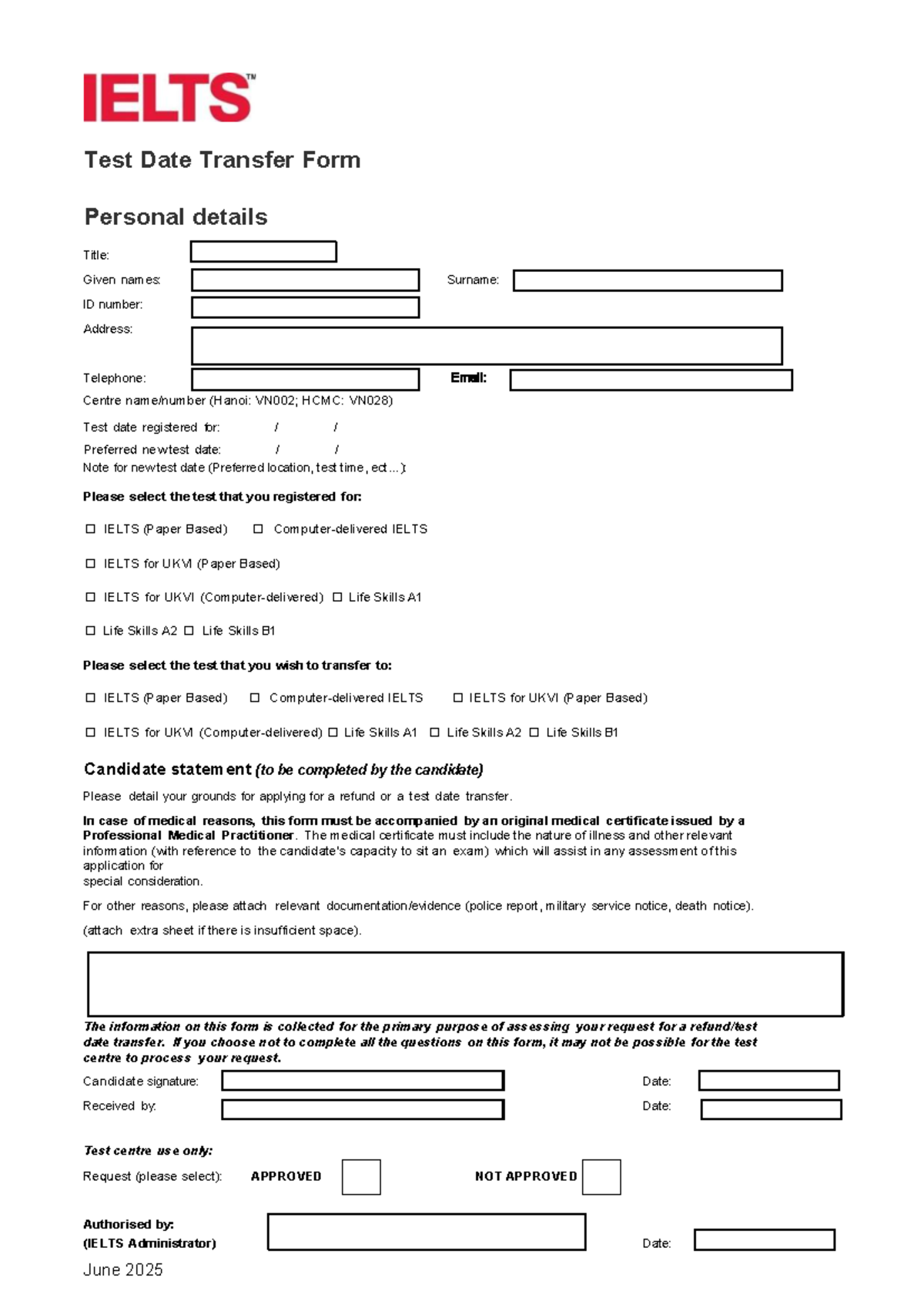 IELTS Test Date Transfer Request Form (VN028) - Studocu