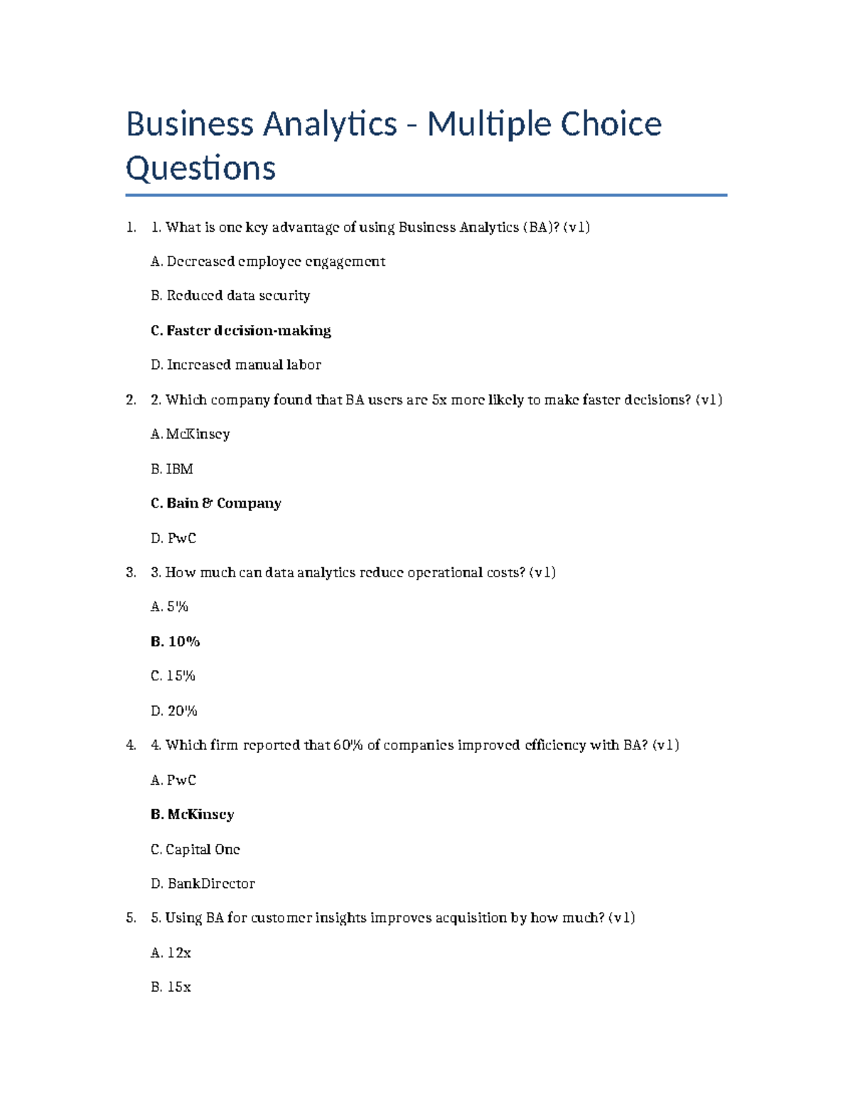Business Analytics BA 100 MCQs for Exam Preparation - Studocu