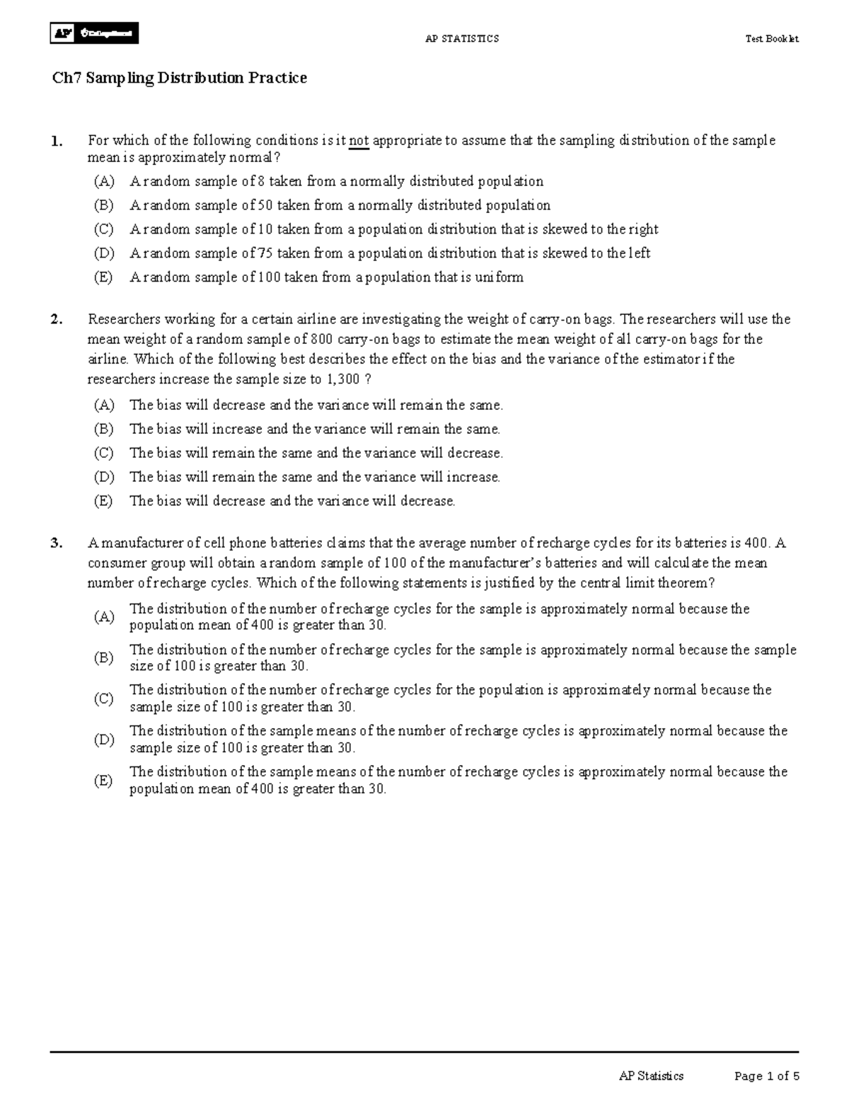 AP STATISTICS TB Ch7 Sampling Distribution Practice Workbook - Studocu
