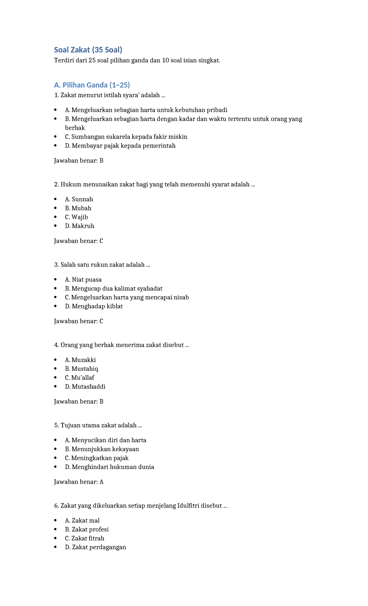 Soal Zakat dan Kunci Jawaban (35 Soal) - Pilihan Ganda & Isian - Document Preview