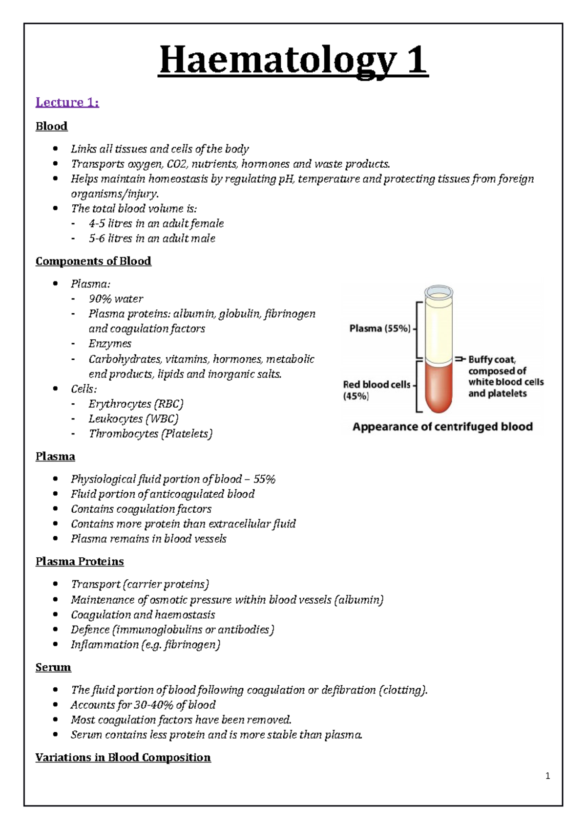 Haematology 1 Lecture Notes: Understanding Blood Components and ...