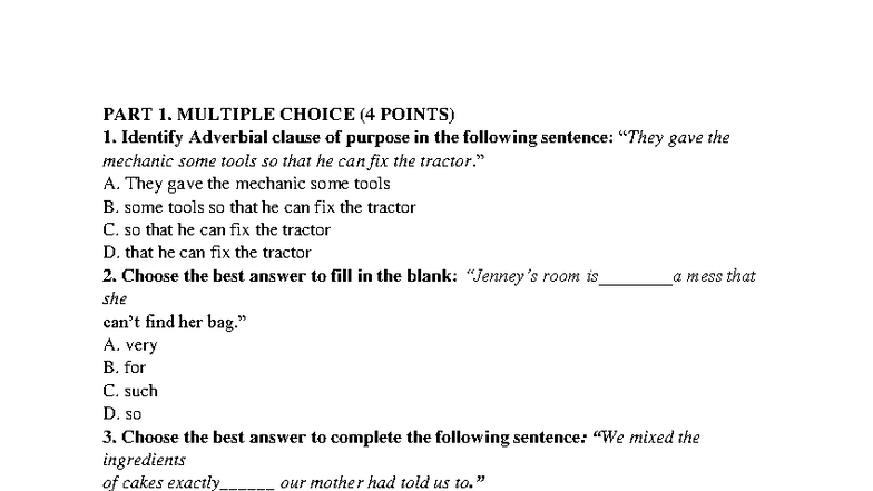 WRITING LEVEL 2: MULTIPLE CHOICE QUESTIONS (167-ĐỀ 2) - Studocu