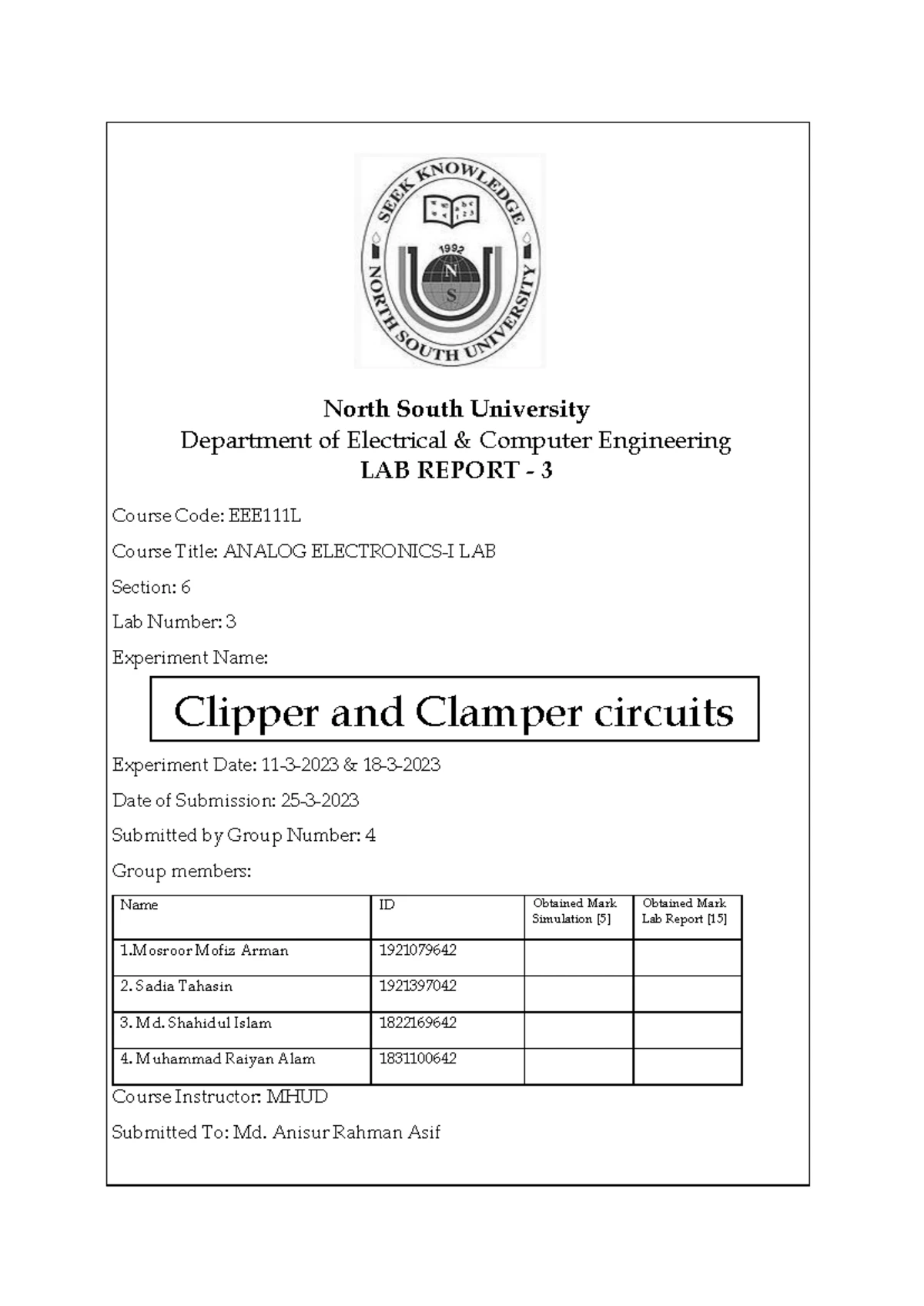 EEE111 L EXP03 Clipper and Clamper Circuits - DEPARTMENT OF ELECTRICAL ...