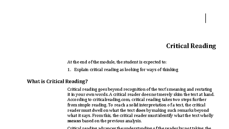 Week 011-Course Module: Understanding Critical Reading Techniques - Studocu