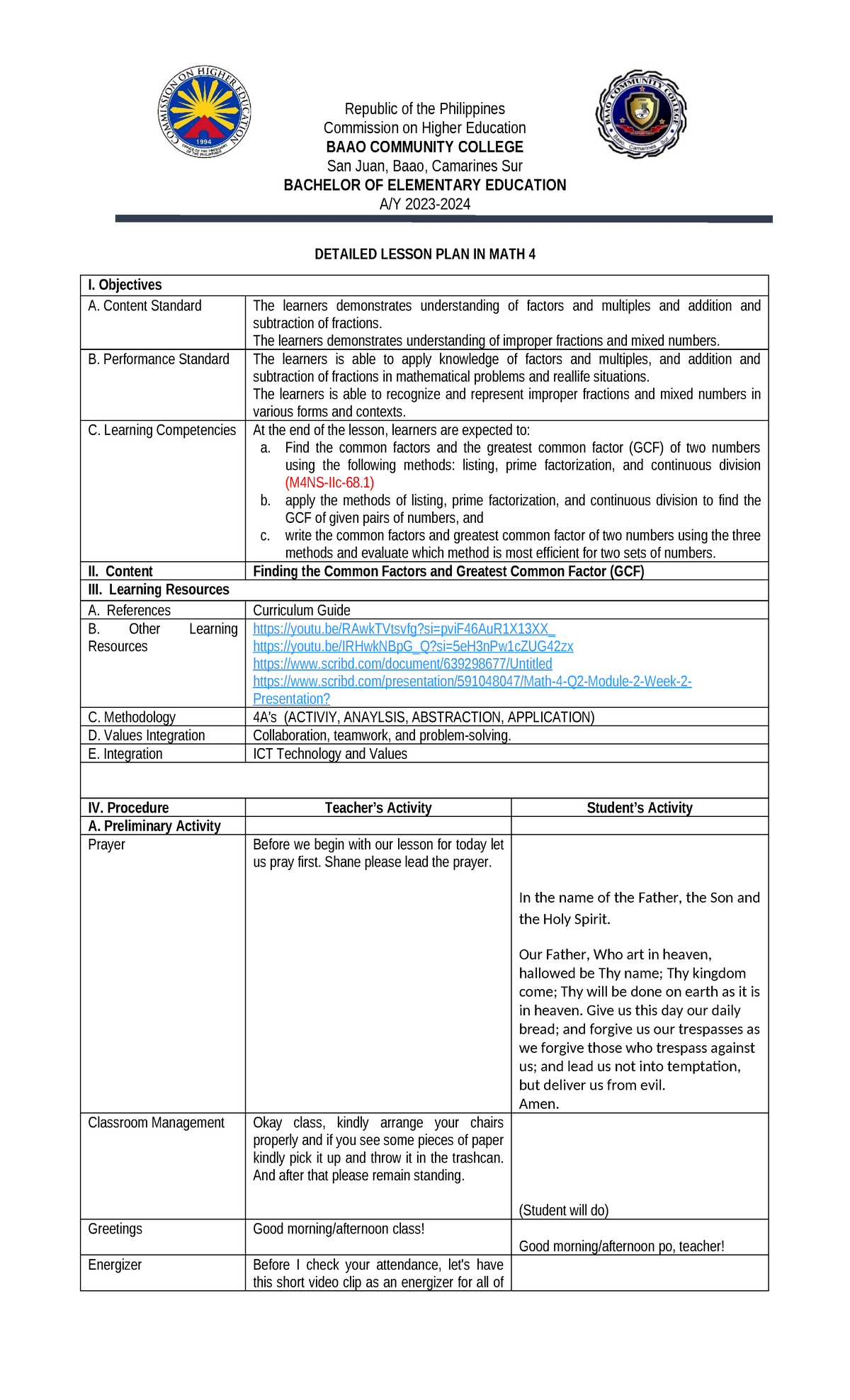 MATH 4 - Detailed Lesson Plan on Common Factors and GCF - Studocu