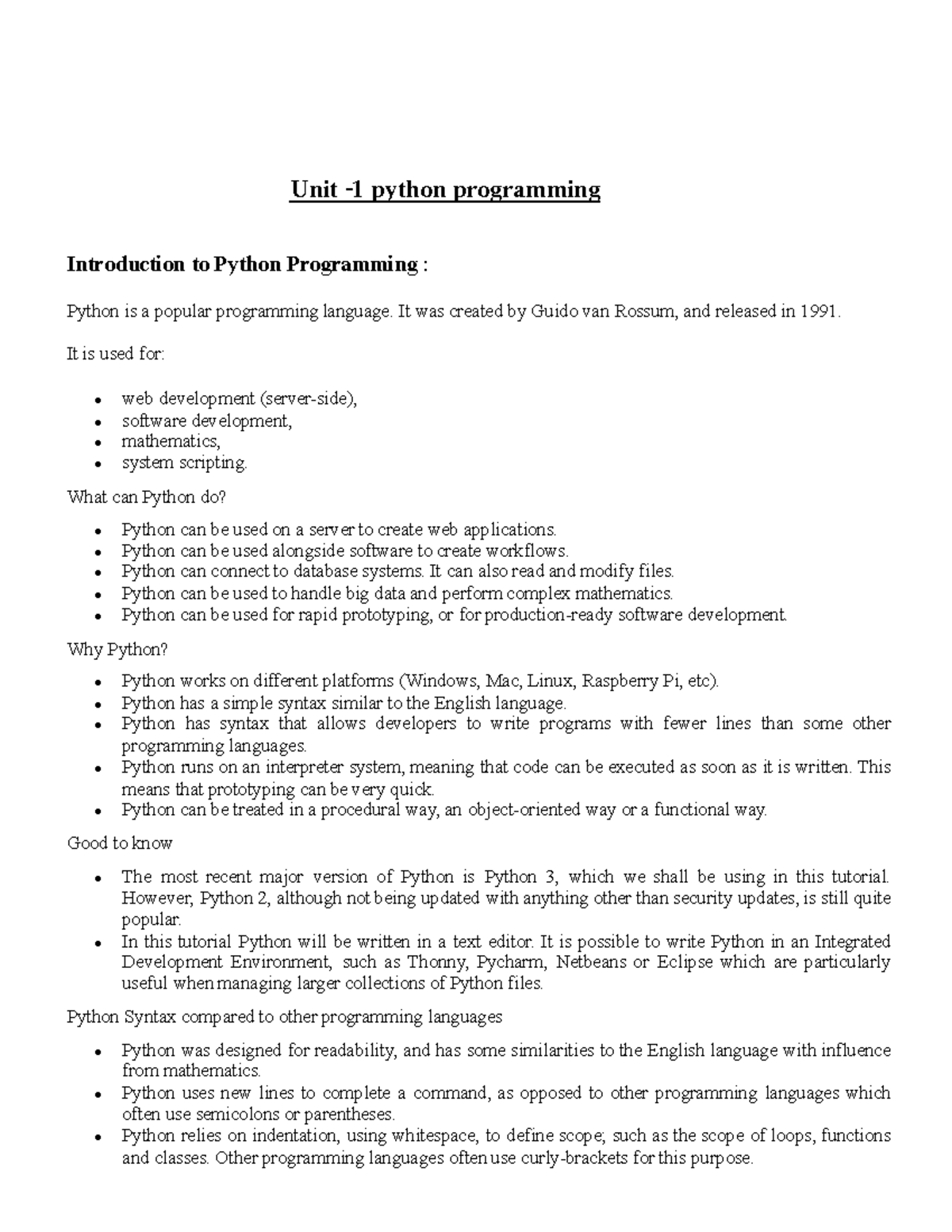 Python Programming - Unit 1: Introduction to Basics and Syntax - Studocu