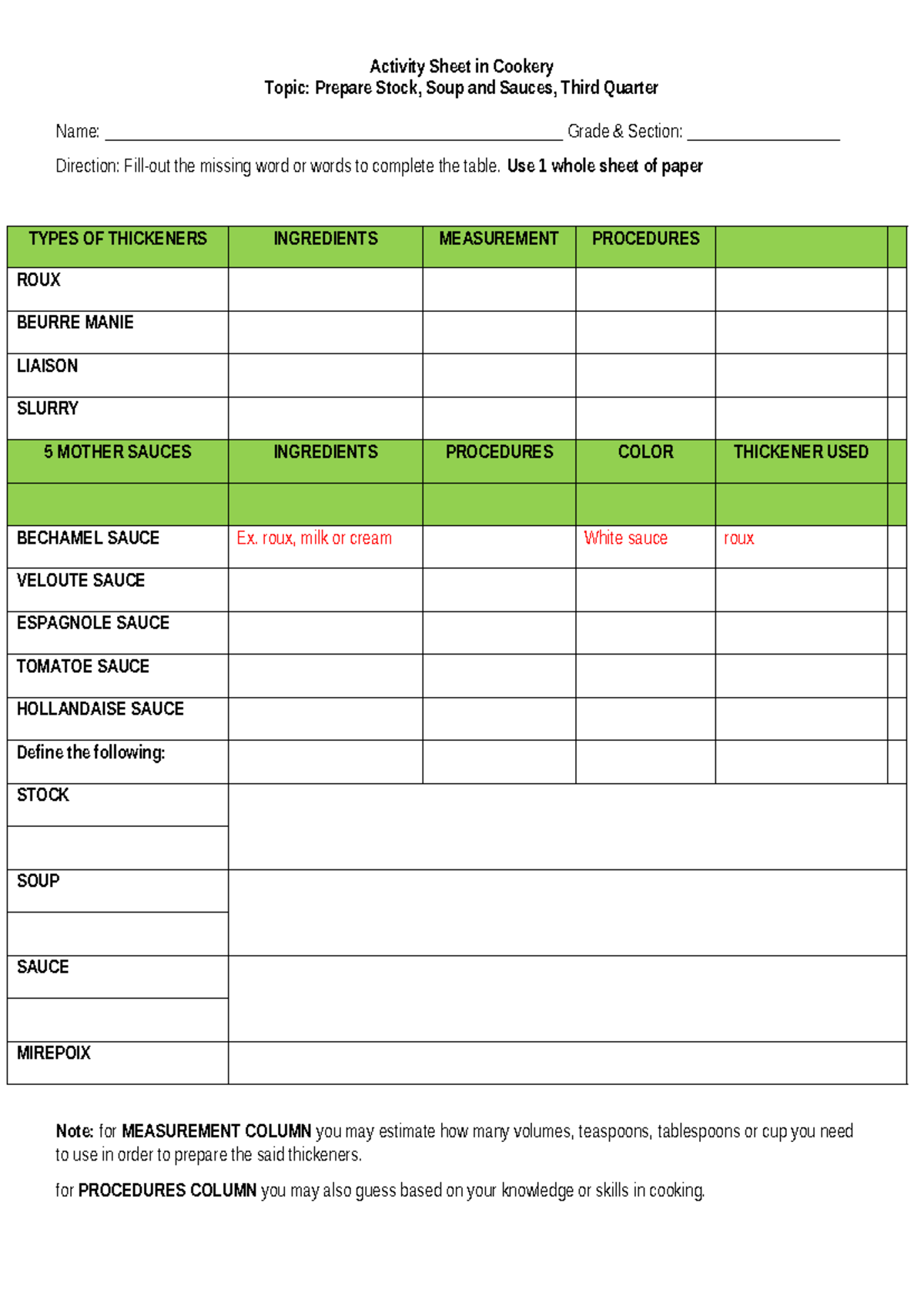 Activity Sheet: Cookery - Prepare Stock, Soup & Sauces (3rd Qtr) - Studocu
