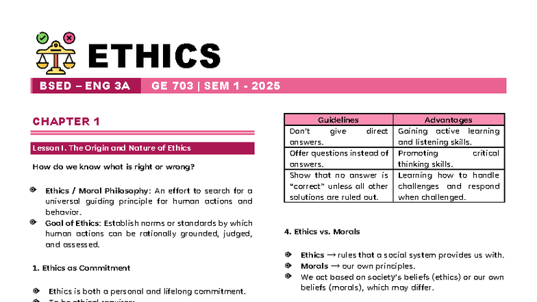 ETHICS BSED ENG 3A GE 703 SEM 1 2025 CHAPTER 1: The Nature and Origin ...