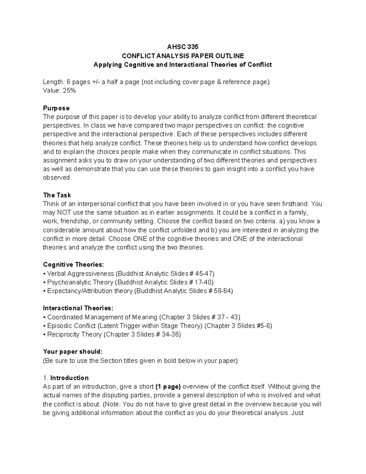 AHSC 335 Final Project: Conflict Analysis Paper Outline - Studocu