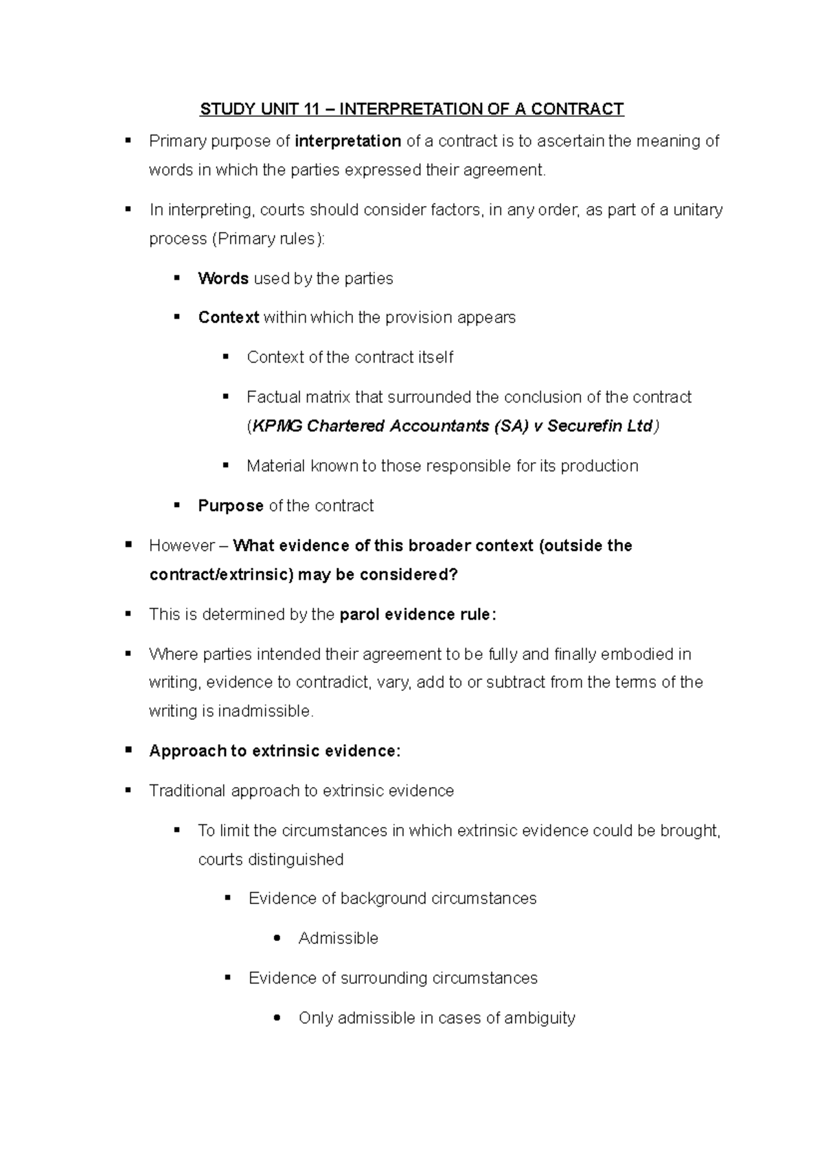 IURI 373 SU 11-14 - Contract Interpretation & Breach of Contract Notes ...