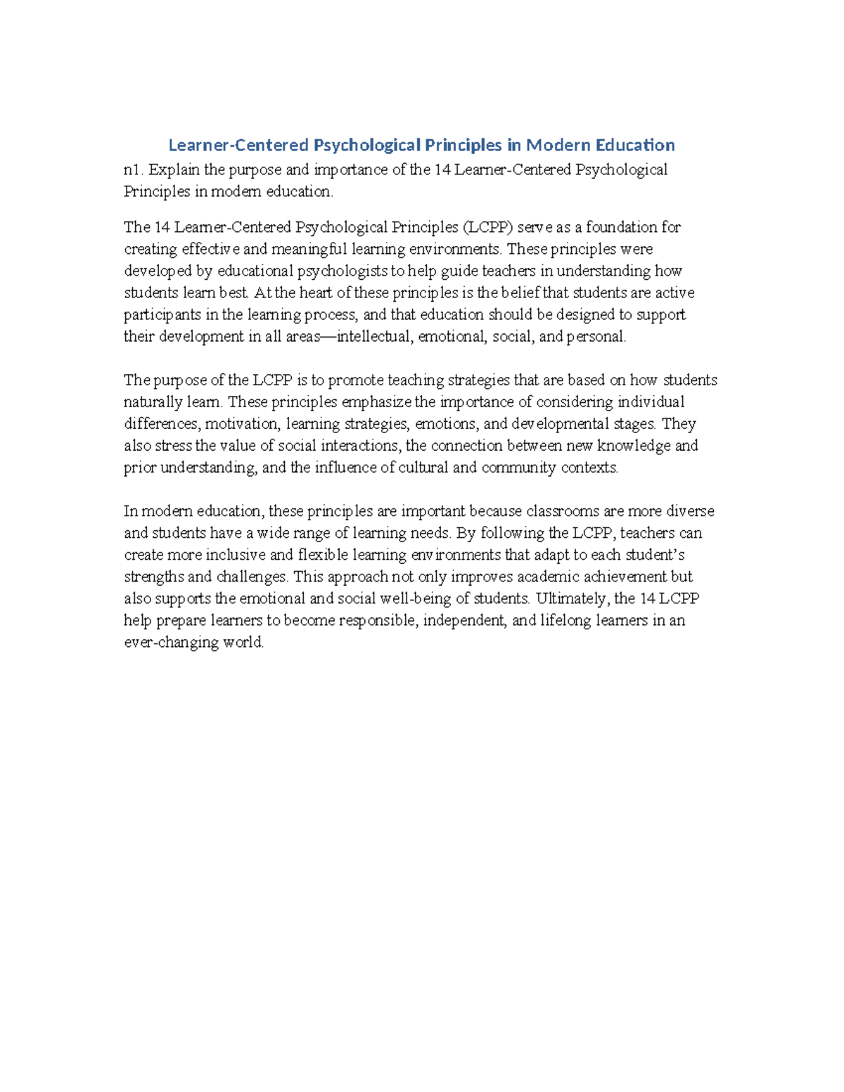 LCPP Q1 Essay Notes: Importance of 14 Psychological Principles in ...
