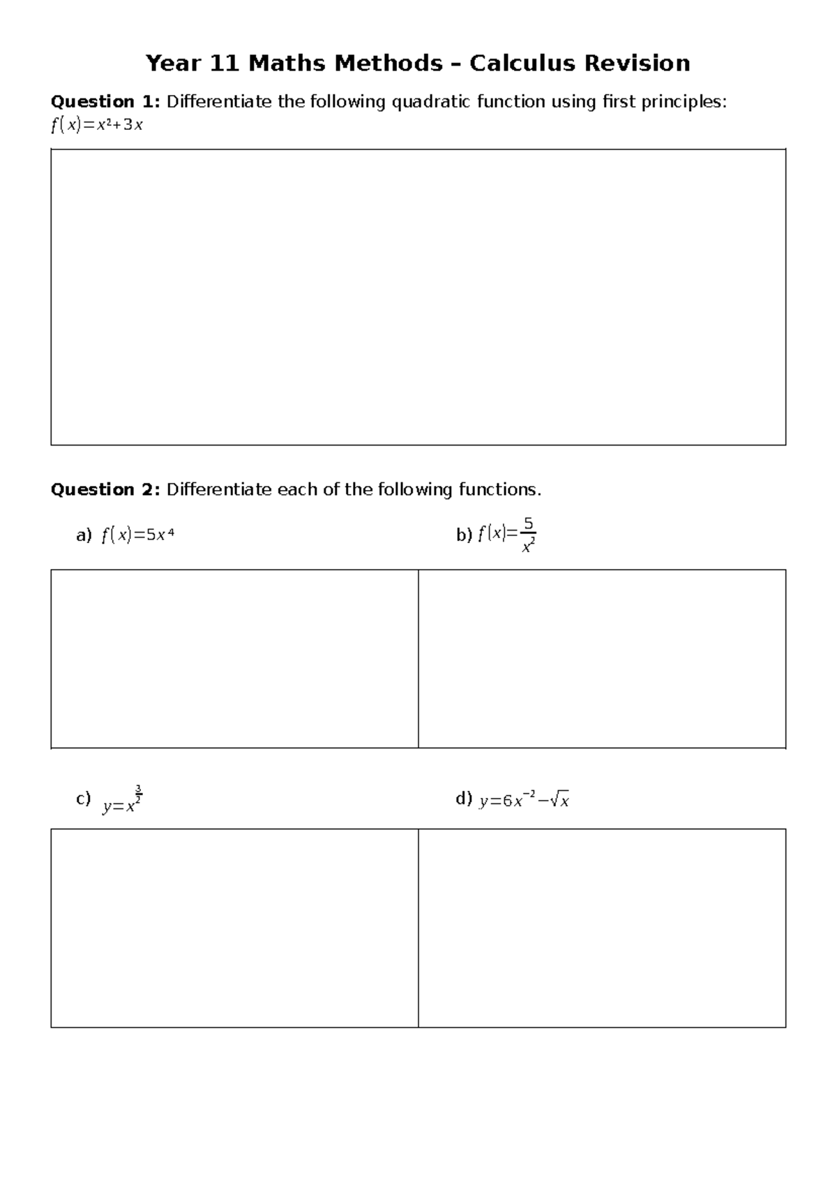 Year 11 Maths Methods Calculus Revision Questions & Solutions - Studocu