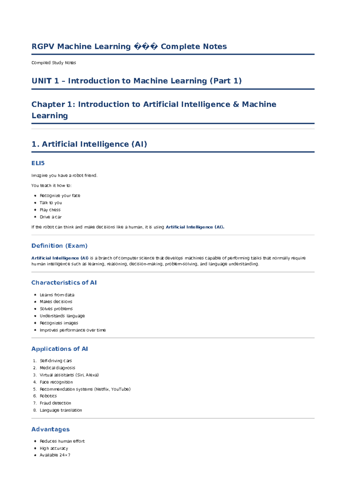 RGPV Machine Learning Complete Notes: UNIT 1 - Introduction to AI & ML ...