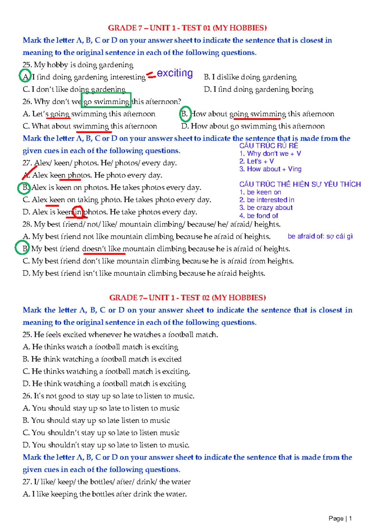GRADE 7 UNIT 1 TEST 01 & 02 (MY HOBBIES) Answer Key - Studocu