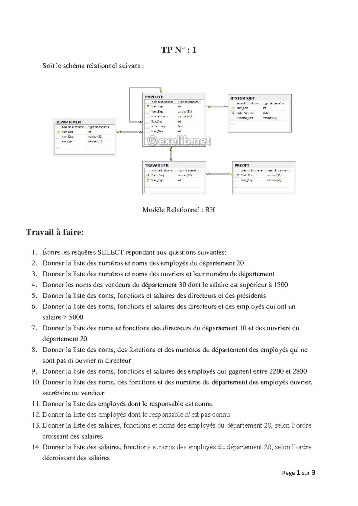 SGBD TP1 - Requêtes SQL pour le Modèle Relationnel RH - Studocu