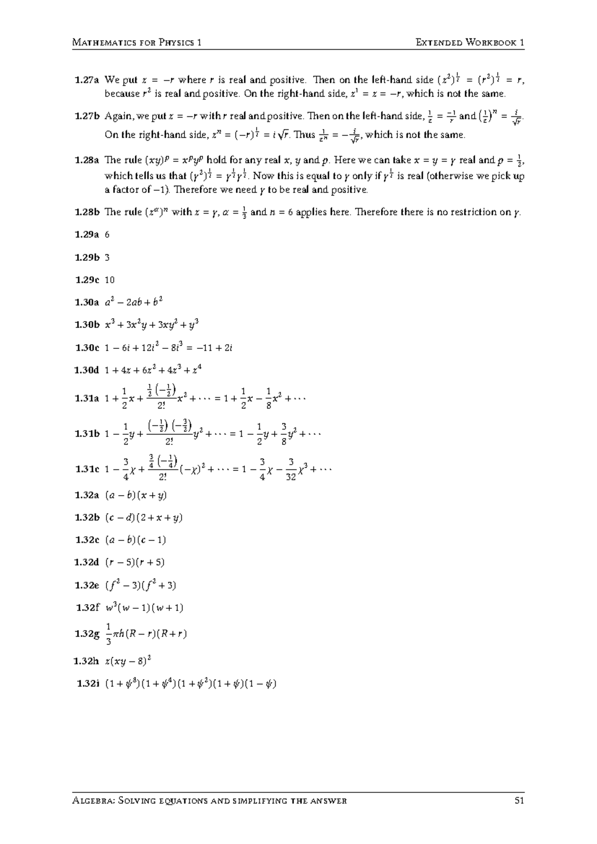 Mathematics for Physics 1: Extended Workbook 1 Algebra Solutions - Studocu