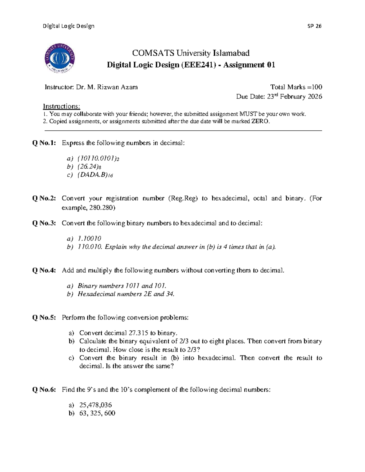 Digital Logic Design SP 26 - Assignment 01 Guidelines - Studocu