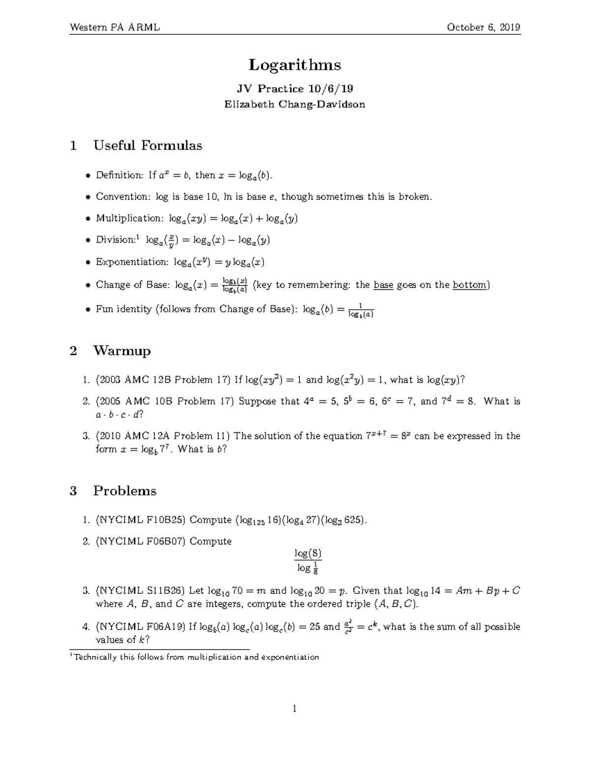 Western PA ARML JV Practice on Logarithms - Oct 6, 2019 - Studocu