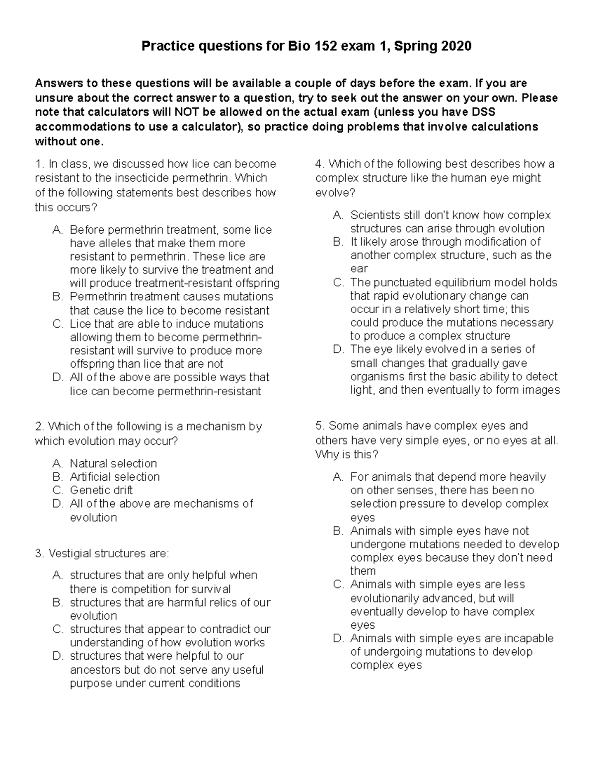 Bio 152 Exam 1 Practice Questions and Answers - Spring 2020 - Studocu