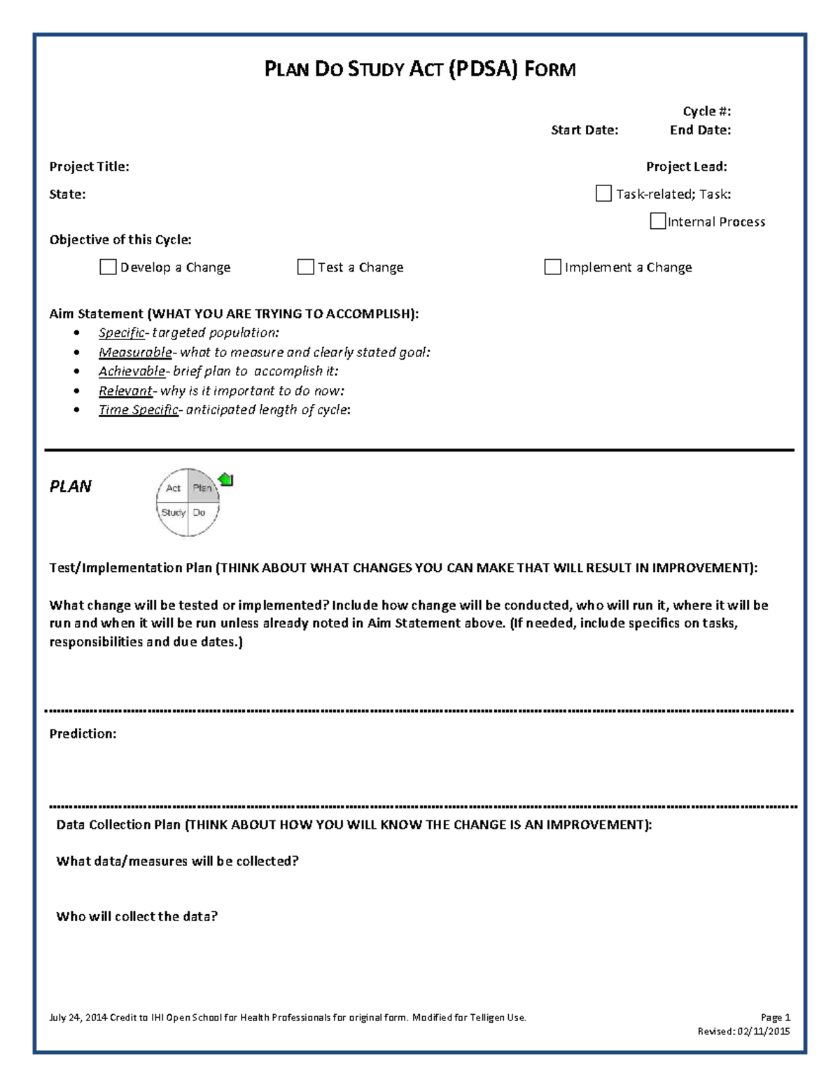 PDSA form for project improvement planning and implementation - Studocu
