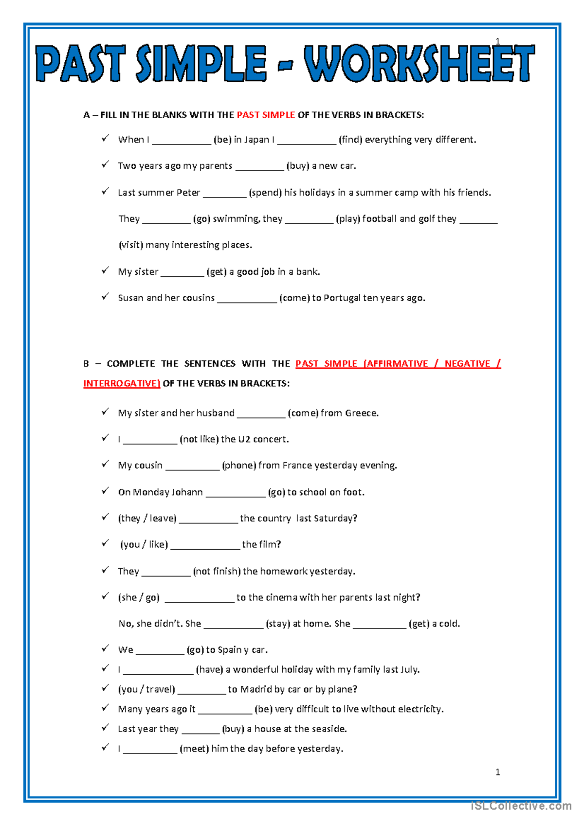 PAST Simple Worksheet - Fill in the Blanks Exercise - Studocu