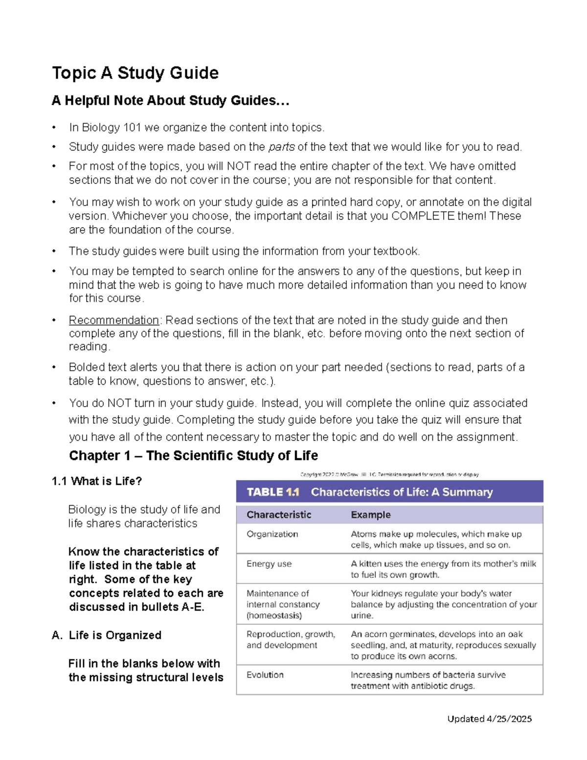 Biology 101 Topic A Study Guide: The Scientific Study of Life - Studocu