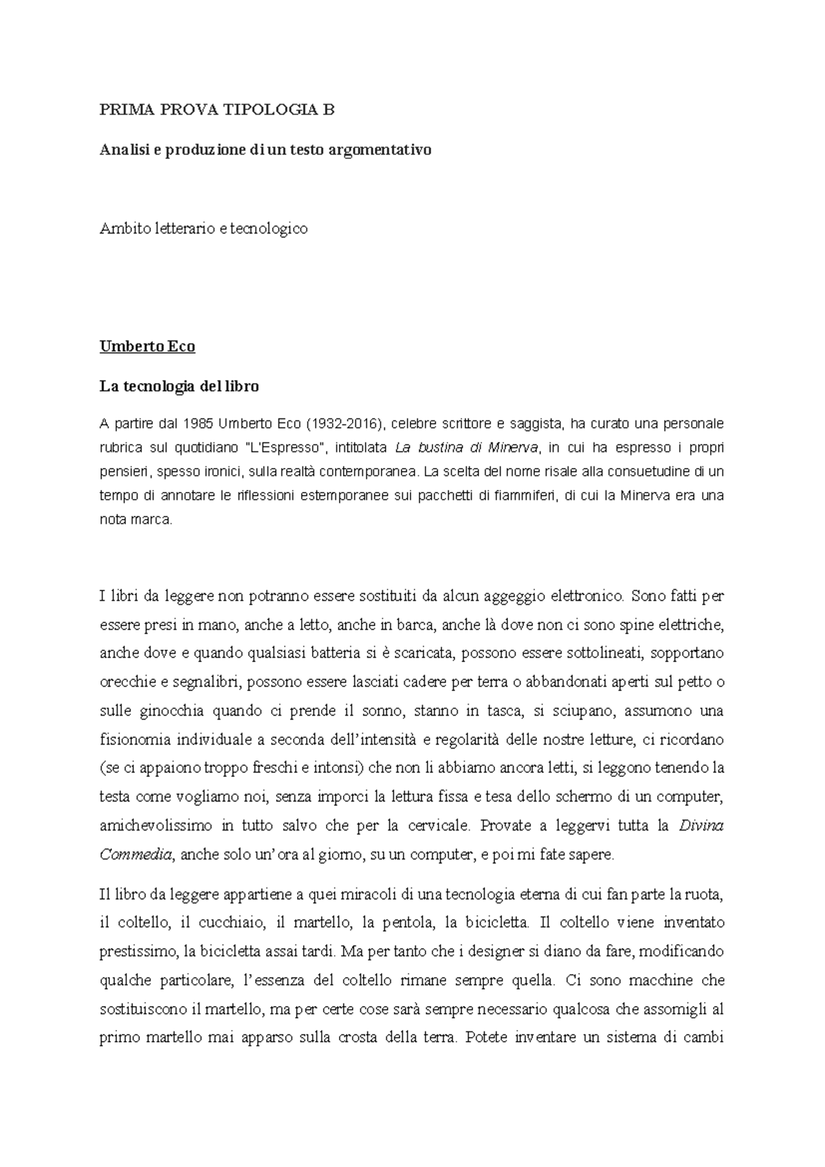 PRIMA PROVA TIPOLOGIA B: Analisi del Testo di Umberto Eco sul Libro ...