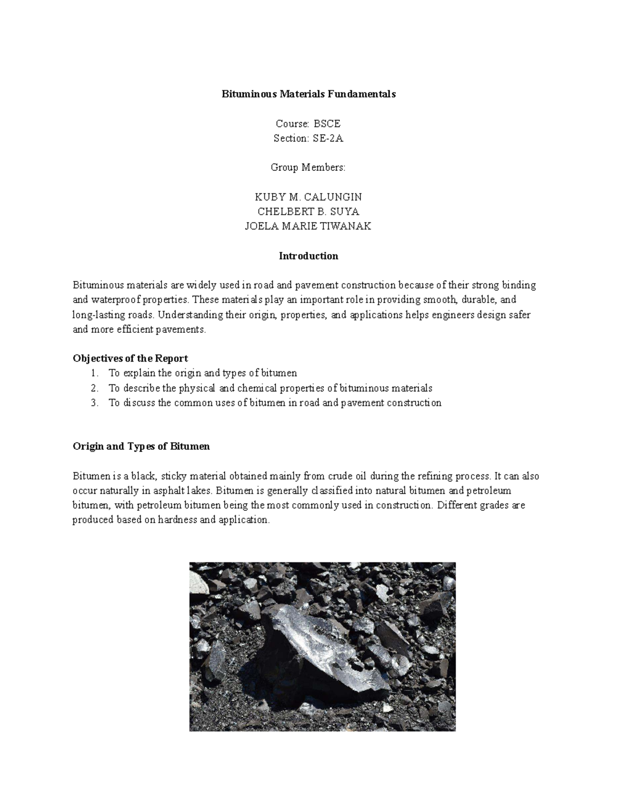 BSCE Bituminous Materials Fundamentals: Group 11 Report - Studocu