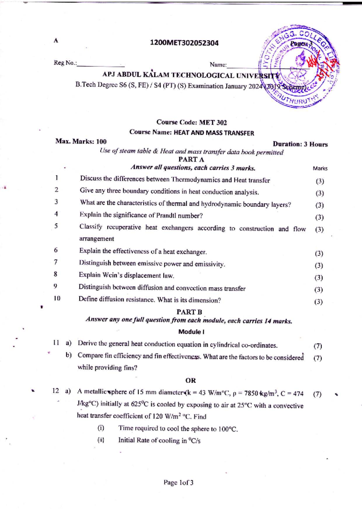 MET 302 Heat and Mass Transfer Exam Questions - January 2024 - Studocu