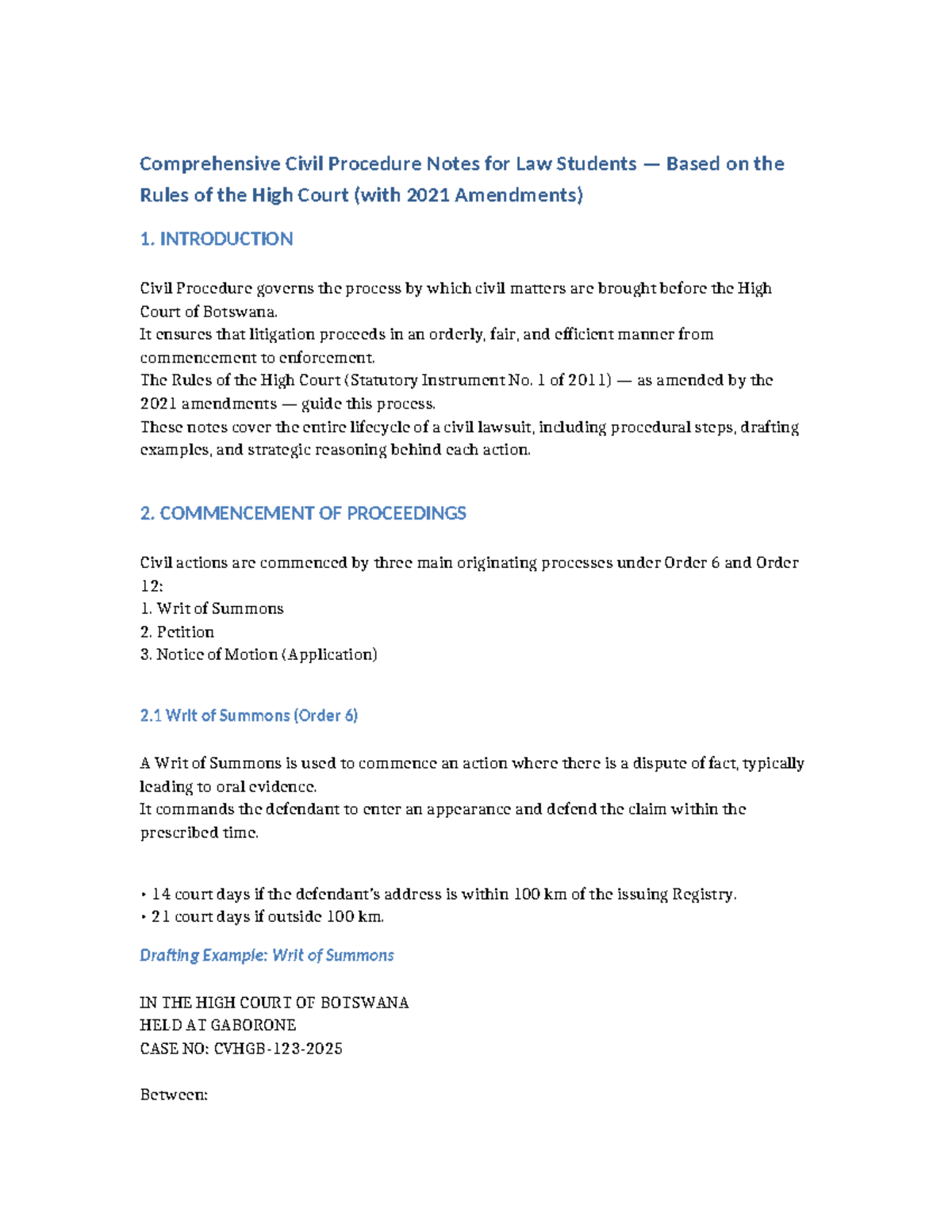 Comprehensive Civil Procedure Notes (Law 2025) for High Court Rules ...