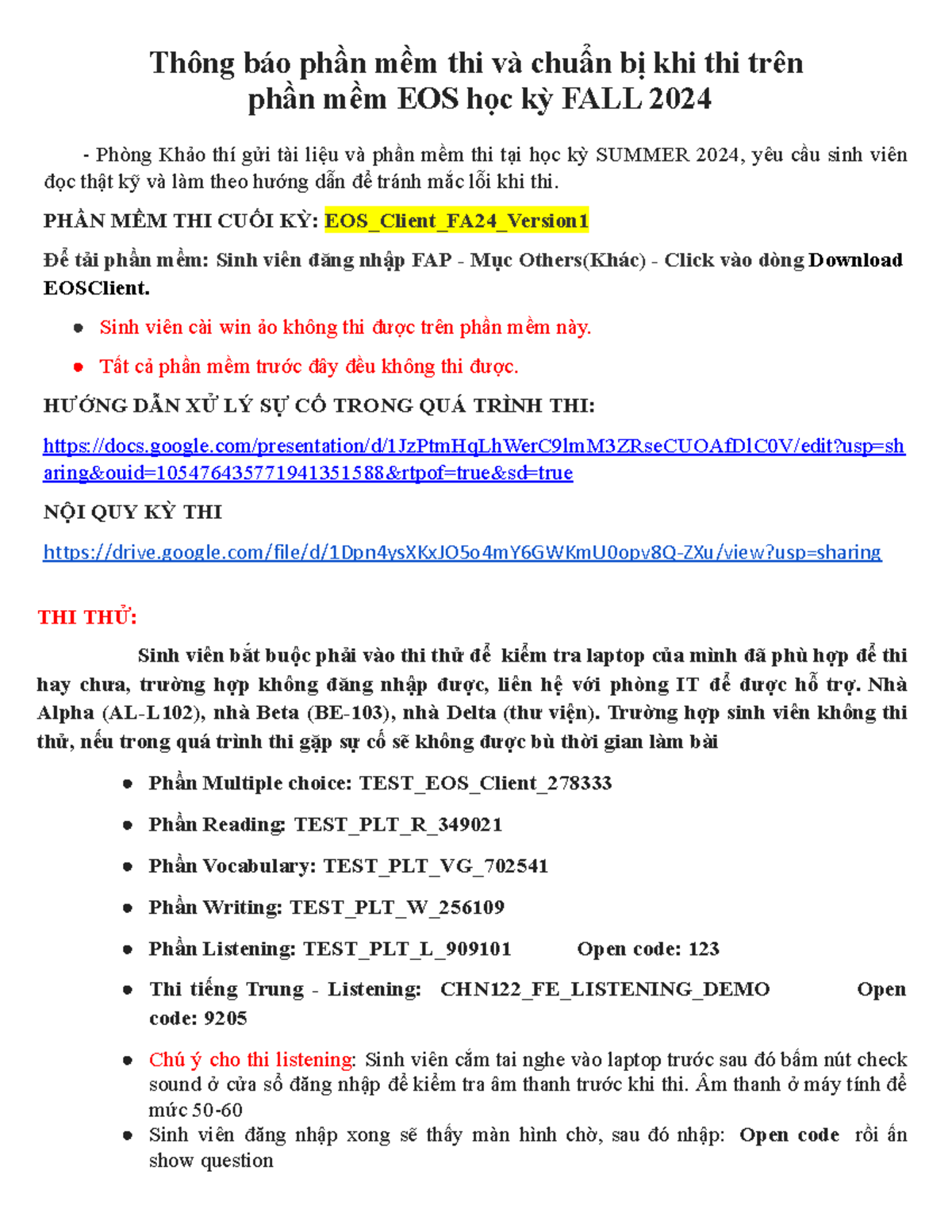 Hướng Dẫn Phần Mềm Thi Cuối Kỳ EOS_FALL 2024 và Thông Tin Thi Thử - Studocu