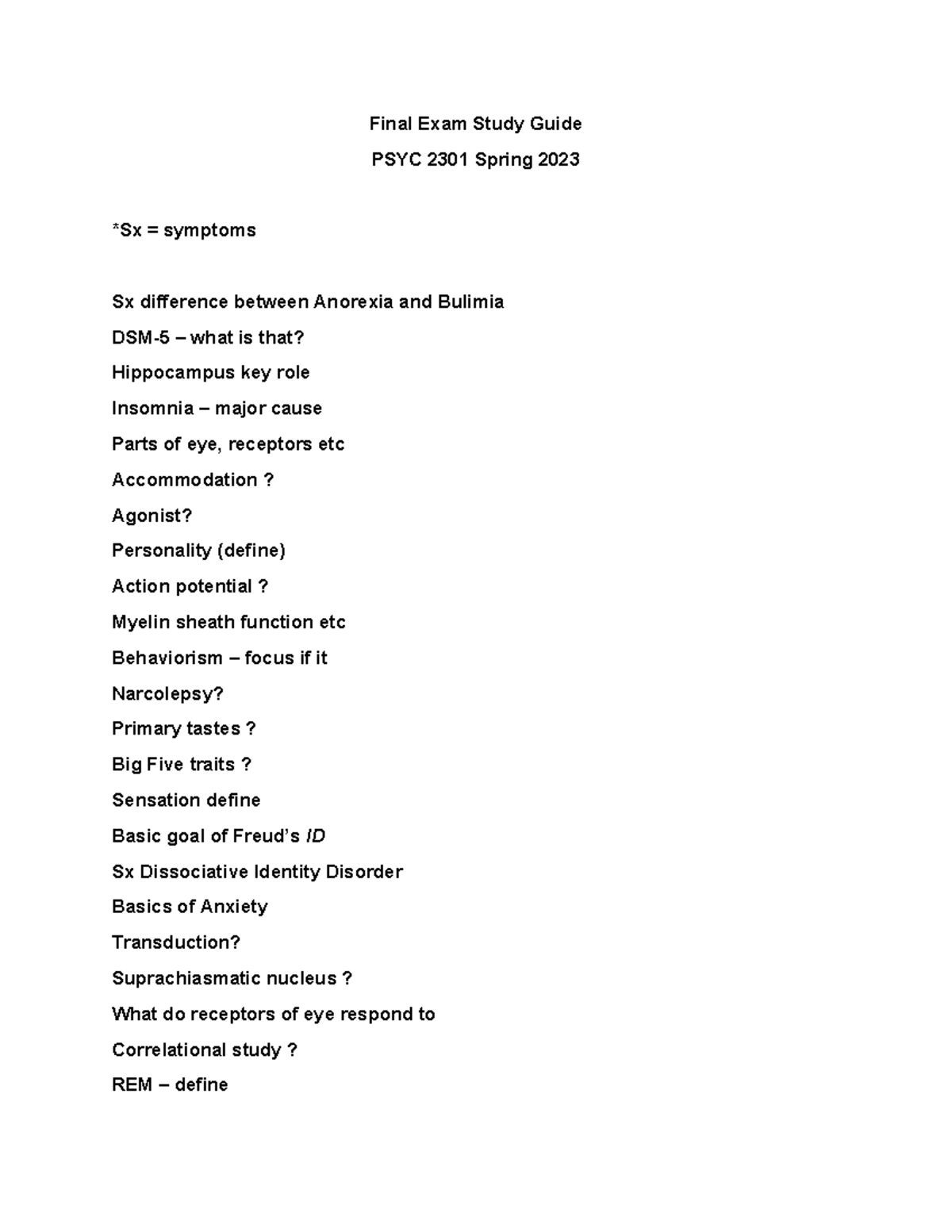 PSYC 2301 Final Exam Study Guide Spring 2023: Key Concepts & Terms ...