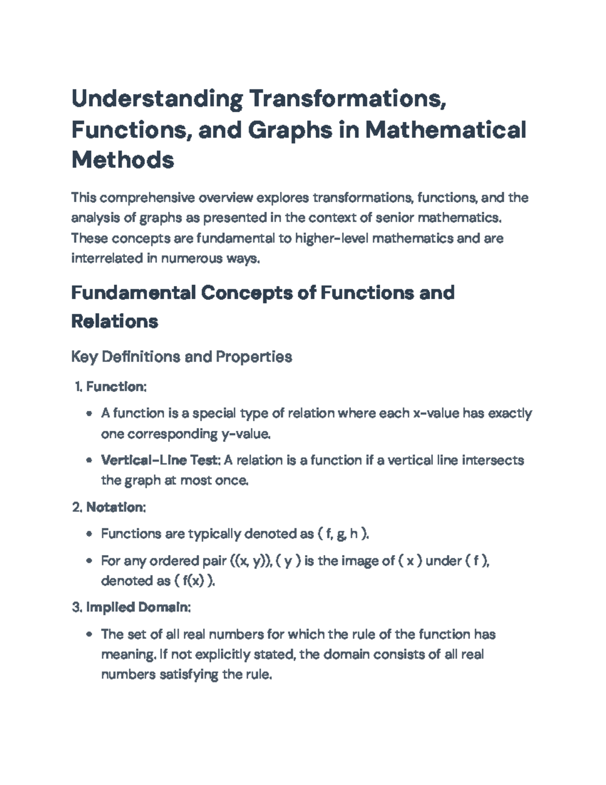 Mathematical Methods Y11: Transformations & Functions Overview - Studocu
