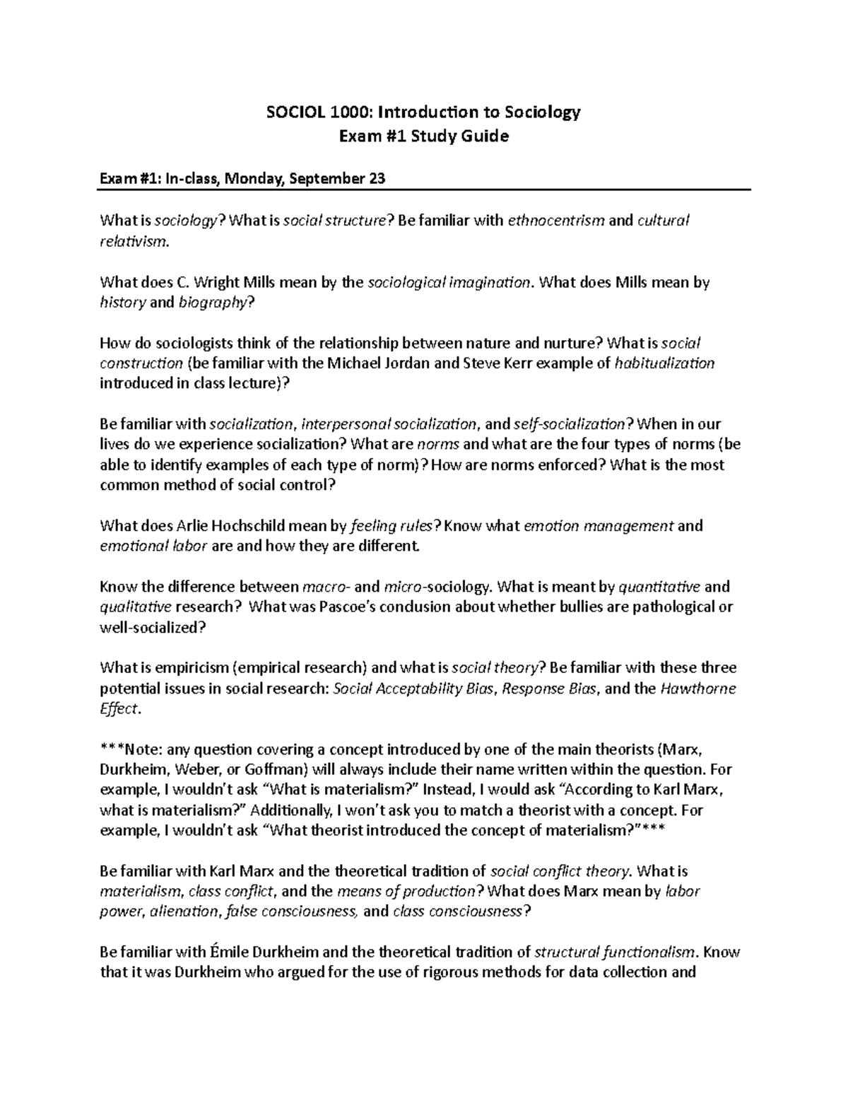 Sociol 1000-Exam 1 Study Guide - SOCIOL 1000: Introduction to Sociology ...