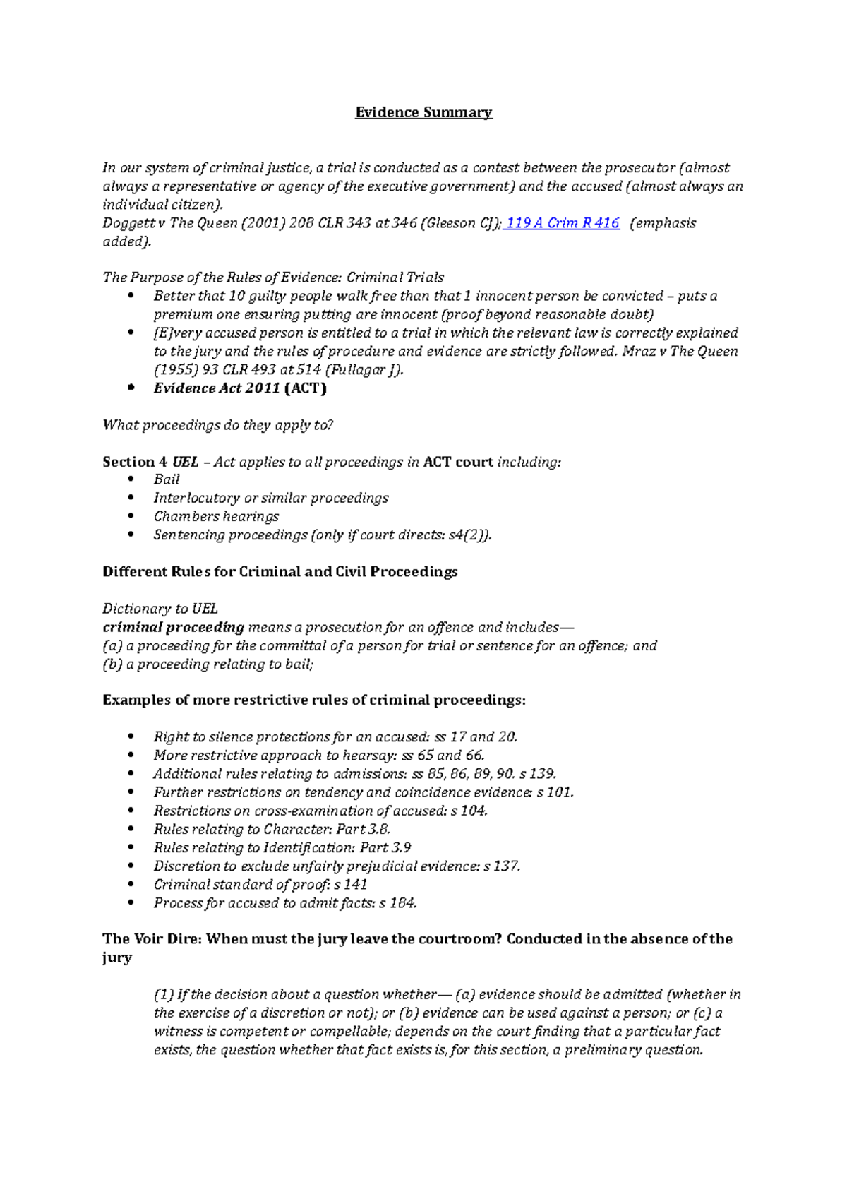 Evidence 101: Final Exam Summary Overview (Course Code: LAW123) - Studocu