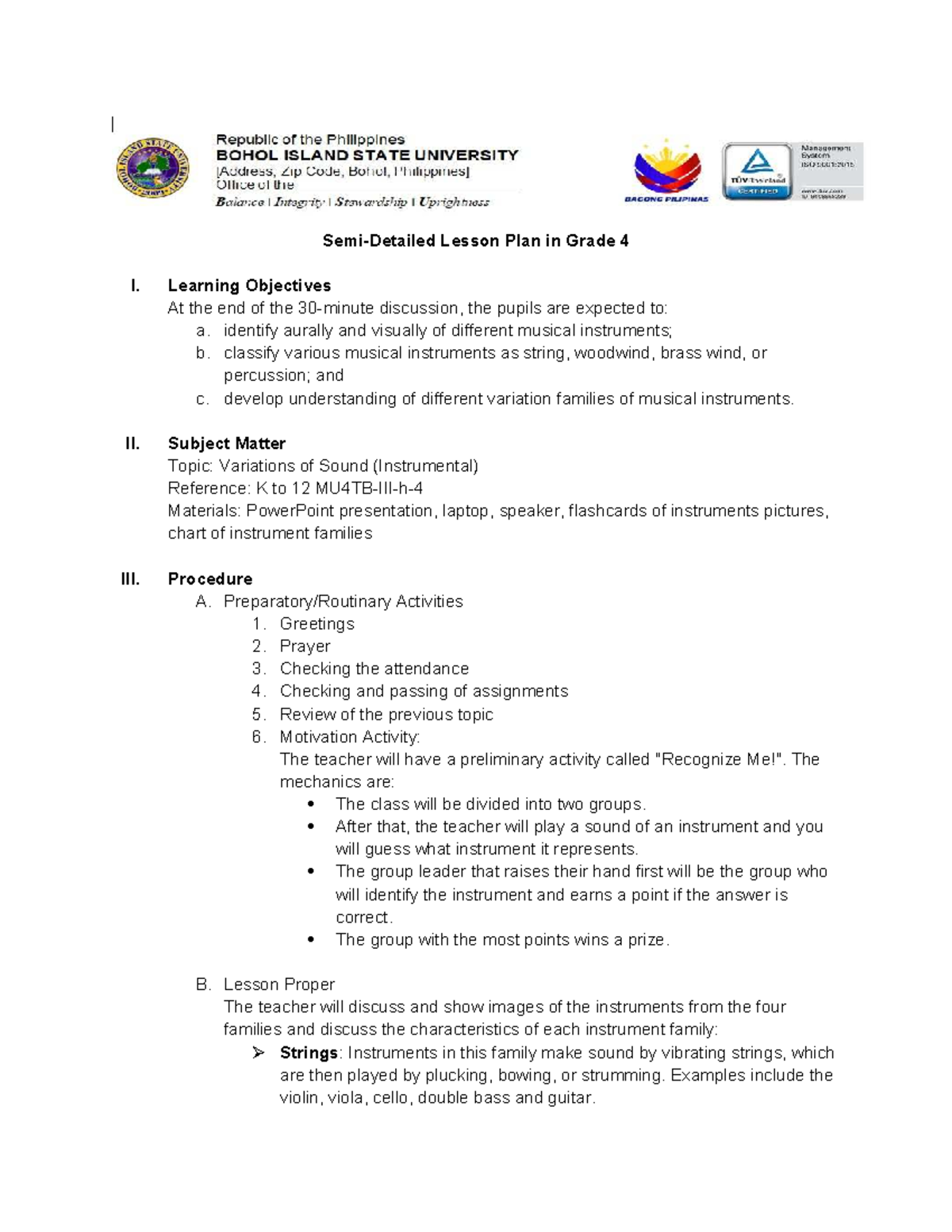 Grade 4 Lesson Plan: Variations in Sound (Instrumental) - Studocu
