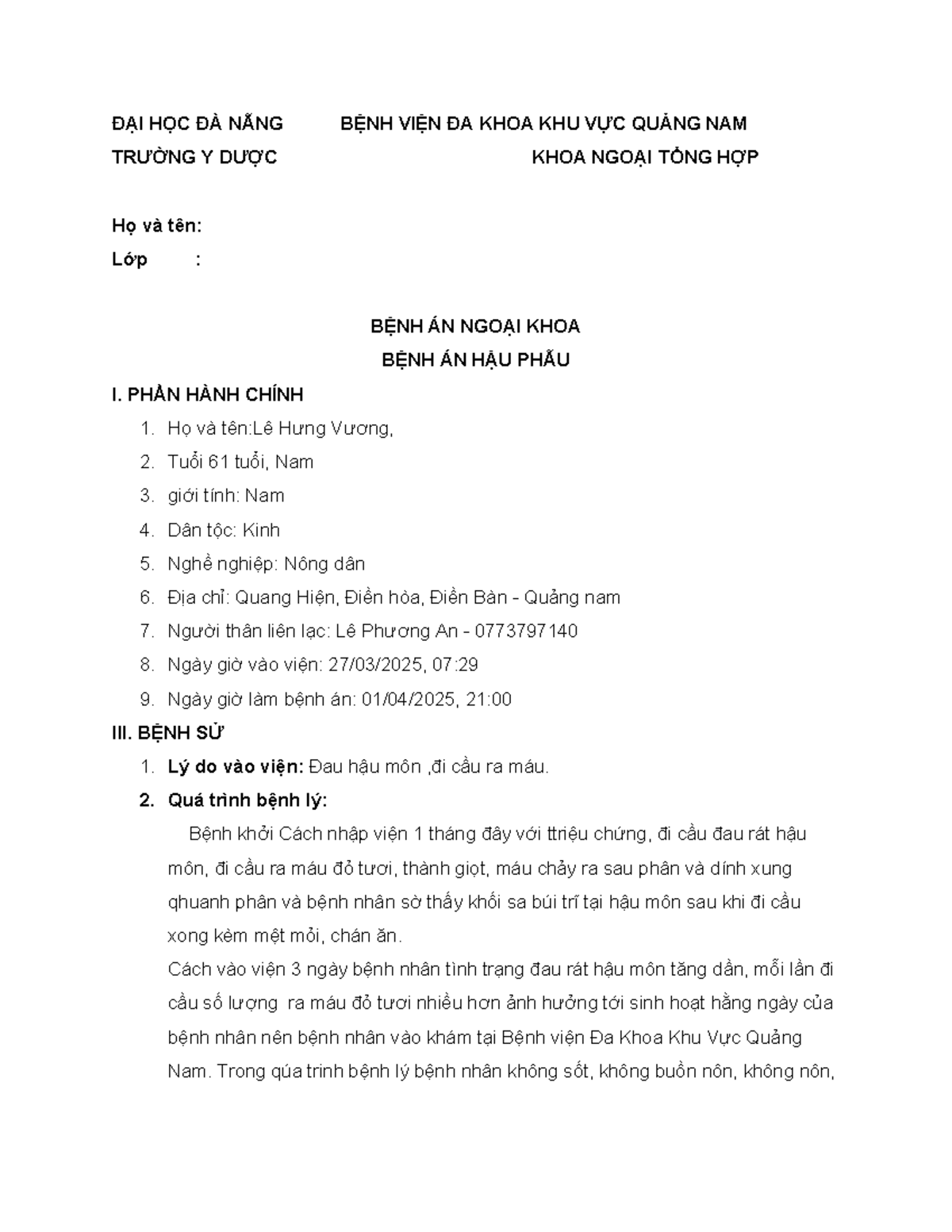 BỆNH ÁN HẬU PHẨU: TRĨ ĐỘ III VÀ TĂNG HUYẾT ÁP - CA BỆNH ĐIỂN HÌNH - Document Preview