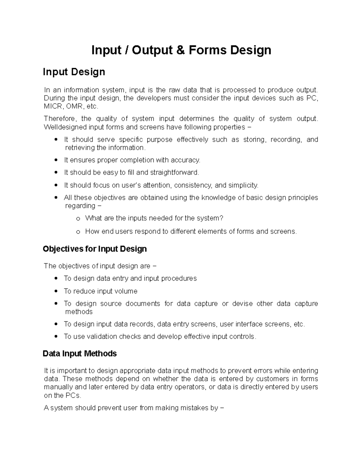 Chapter 6 System Analysis and Design - Input Design - Input / Output ...