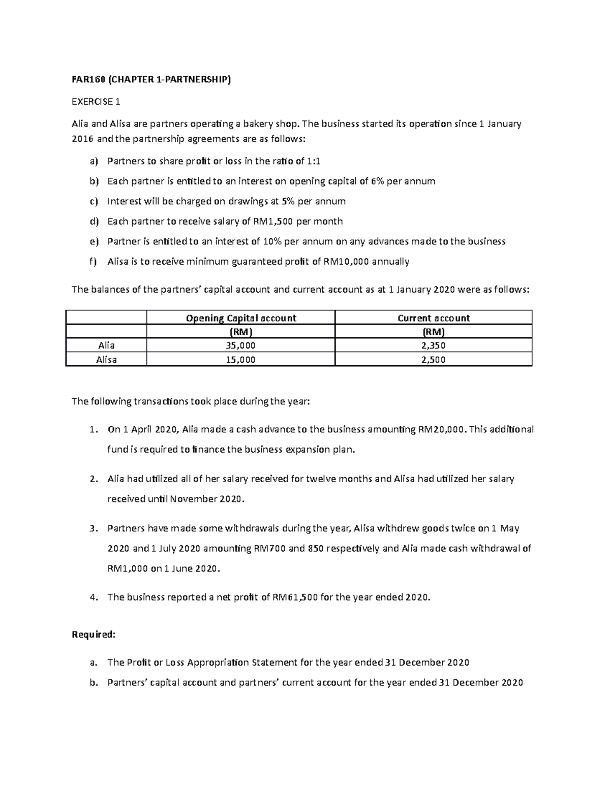 FAR160 Exercise 1: Partnership Financial Statements Preparation - Studocu