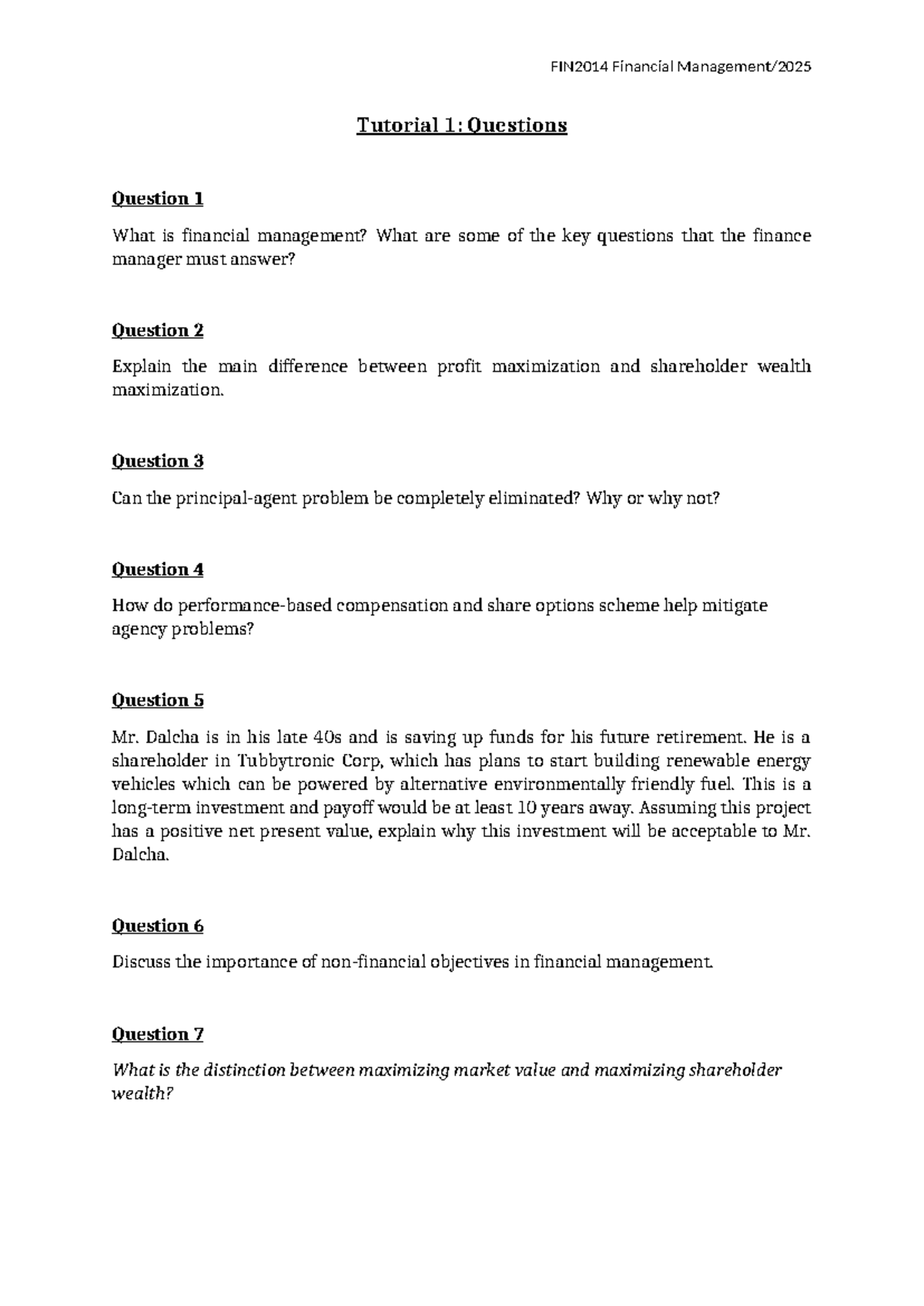 FIN2014 Financial Management Tutorial 1: Key Questions & Concepts - Studocu
