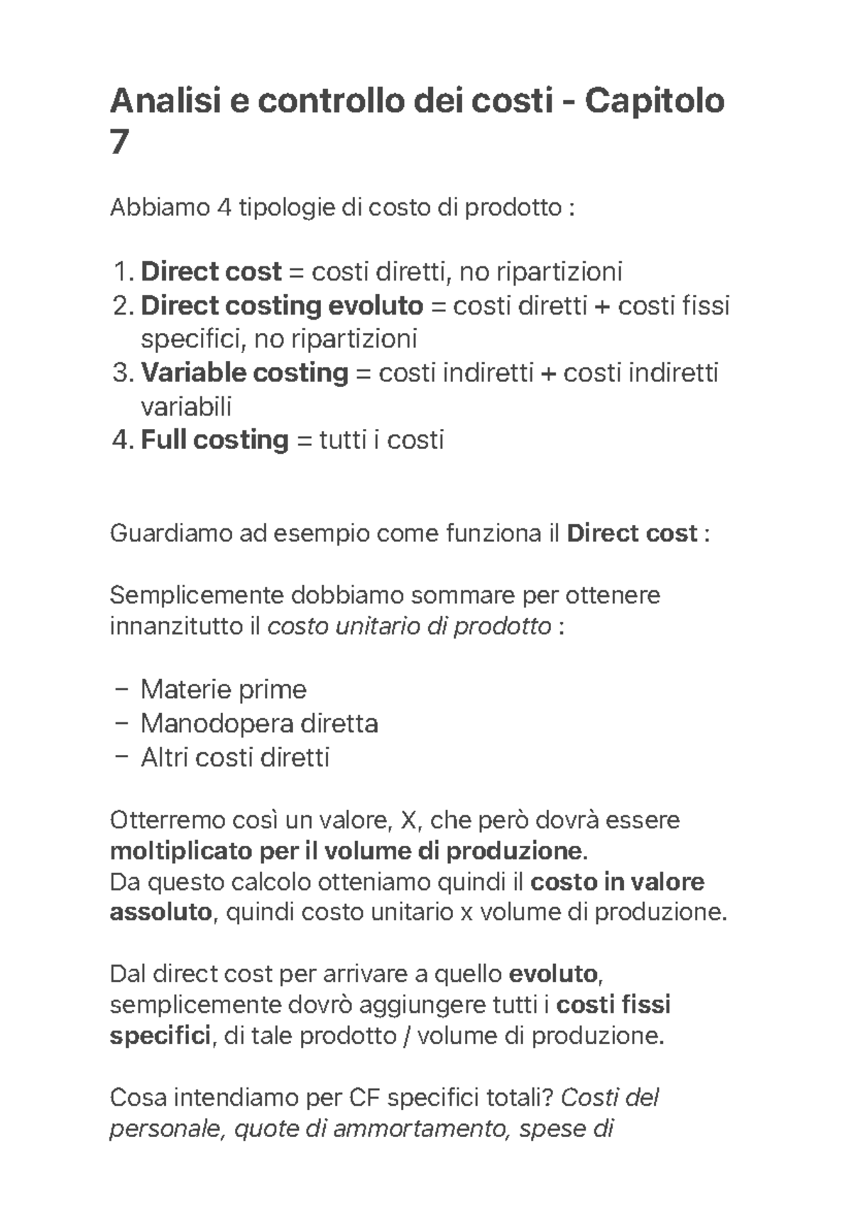 Analisi e Controllo dei Costi - Capitolo 7: Tipologie e Margini - Studocu