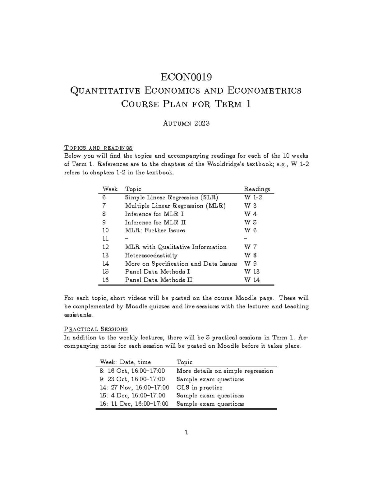 ECON0019-courseplan-2023 - ECON Quantitative Economics and Econometrics ...