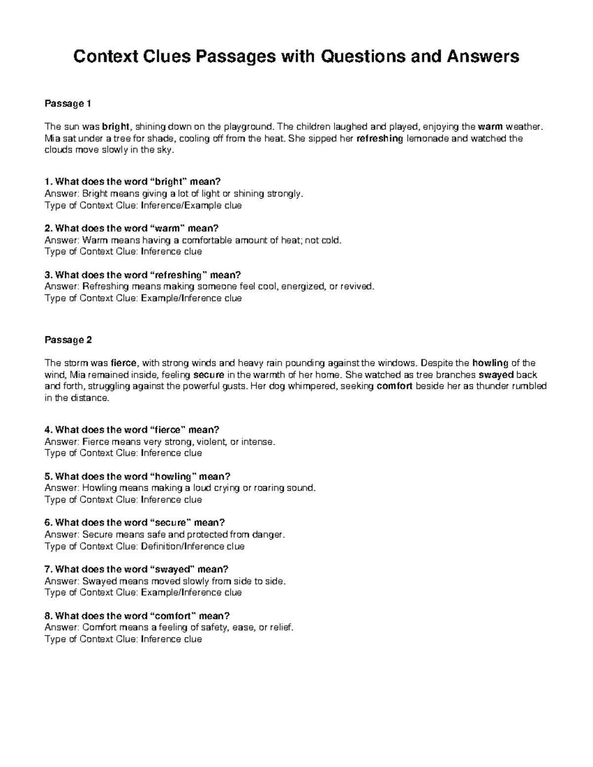 Context Clues Passages & Q&A for Vocabulary Understanding - Studocu
