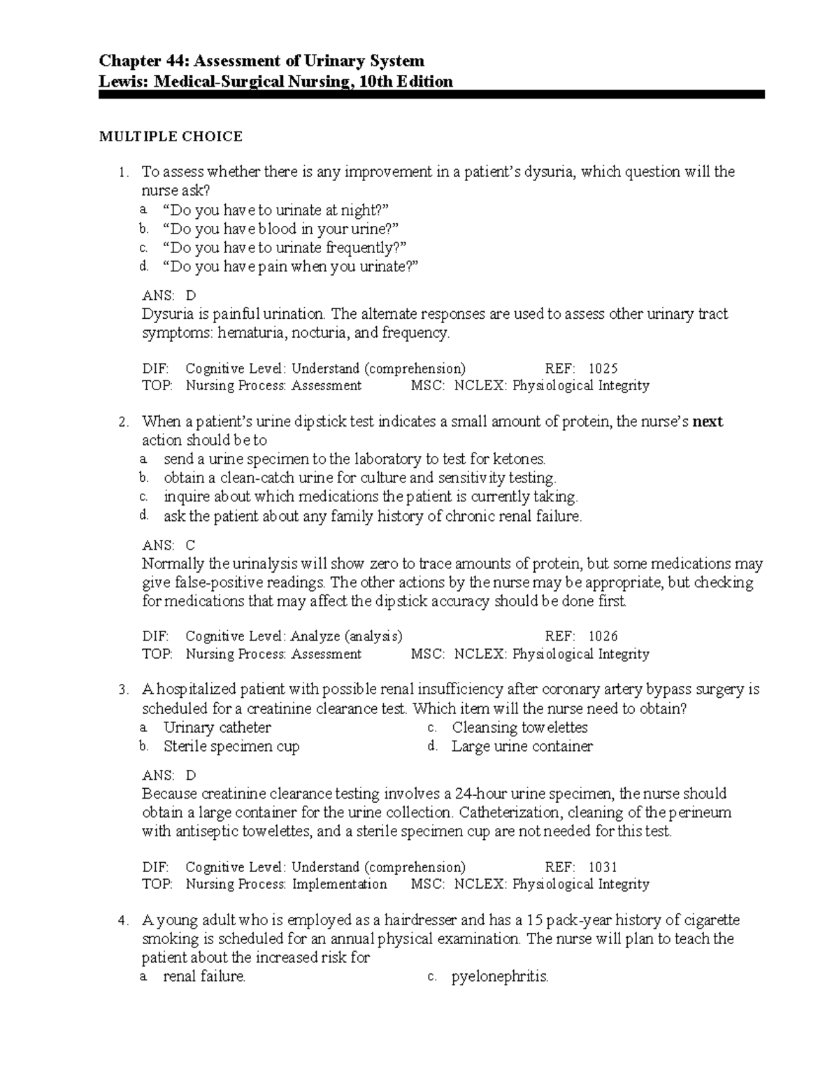C44 - Chapter 44 Urinary System Assessment Test Bank - Studocu