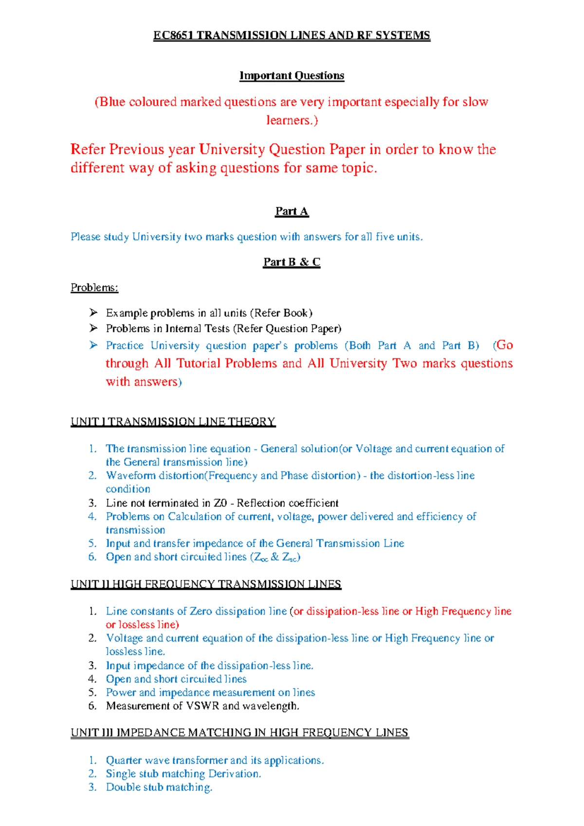 EC 8651 - Transmission Lines and RF Systems - Exam Q&A Summary - Studocu