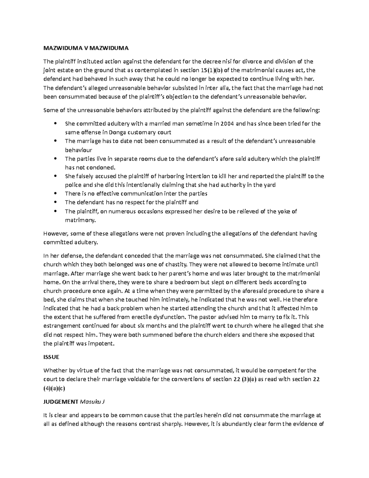 CASE Summaries on Nullity: Mazwiduma v Mazwiduma Analysis - Studocu